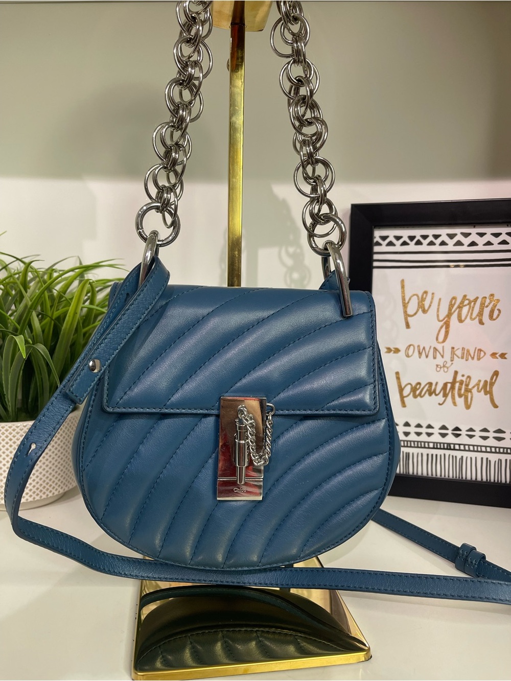 Chloe Drew Blue Quilted Leather Crossbody with Silver Chain